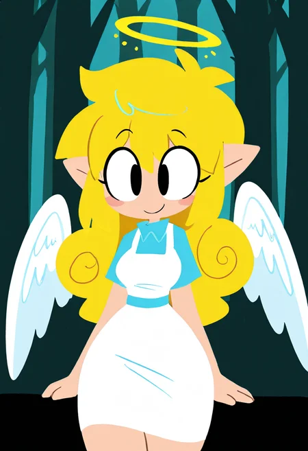 masterpiece, best quality, medium breasts, (curvy), BREAK, 1girl, solo, blonde hair, wavy hair, angel, angel wings, halo, smile, sitting, forest, white dress,smile, looking at viewer, cowboy shot, <lora:ToonCAT_NAI:1.0>,