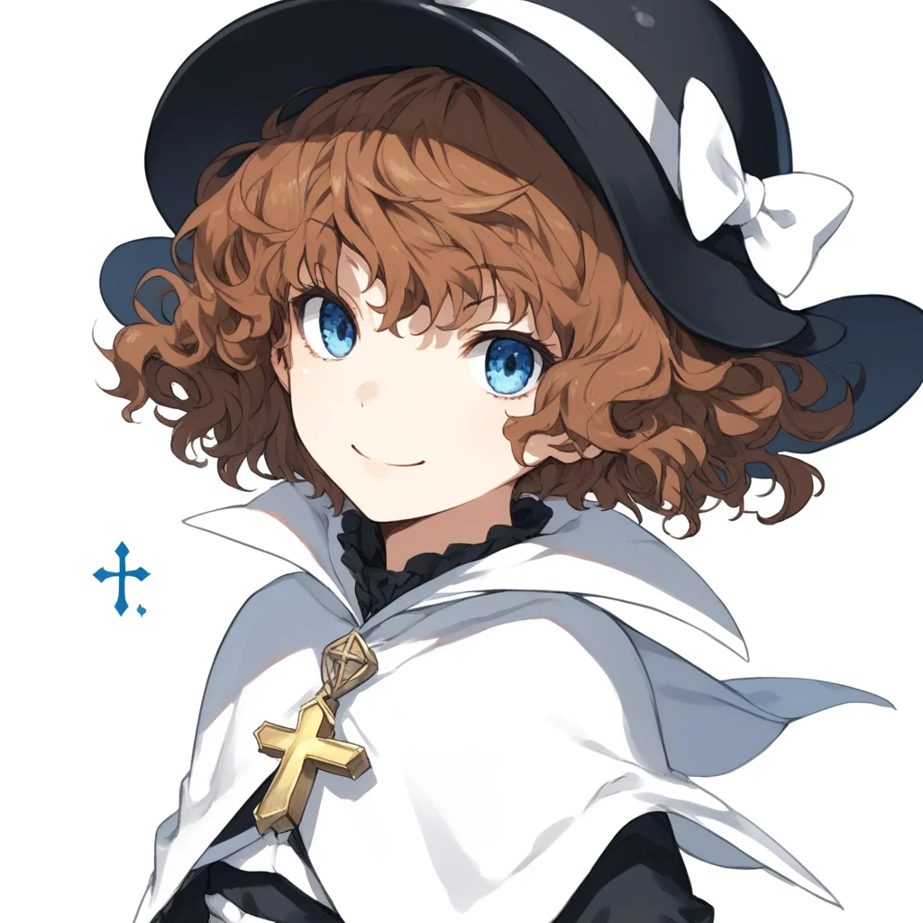 anime coloring, score_9, score_8_up, score_7_up, score_6_up, mallybath blackbell, toaru, 1girl, hat, solo, brown hair, blue eyes, smile, short hair, capelet, white background, simple background, bow, hat bow, looking at viewer, cross, androgynous, black headwear, long sleeves