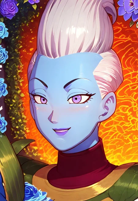 score_9_up, score_8_up, score_7_up, best_quality, Expressiveh, IBG, solo, 1guy, whis, blue skin, white hair, pointy hair, lavender eyes, purple lips, coy smile, lavender wedding dress, vibrant garden, alien world, vibrant bioluminescent fauna, dazzling moonlight, full-body picture,
