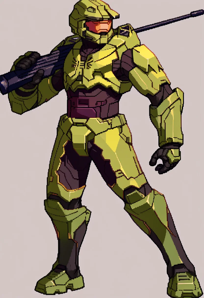 score_9, score_8_up, score_7_up, source_anime, BREAK, solo, 1boy, looking at viewer, <lora:Under-Night-In-Birth-Sprites-pdxl_Fp:1>, simple background, full body, standing, <lora:masterchief-halo-richy-v1_pdxl:1>, masterchief, helmet, visor, power armor, assault rifle, holding,
