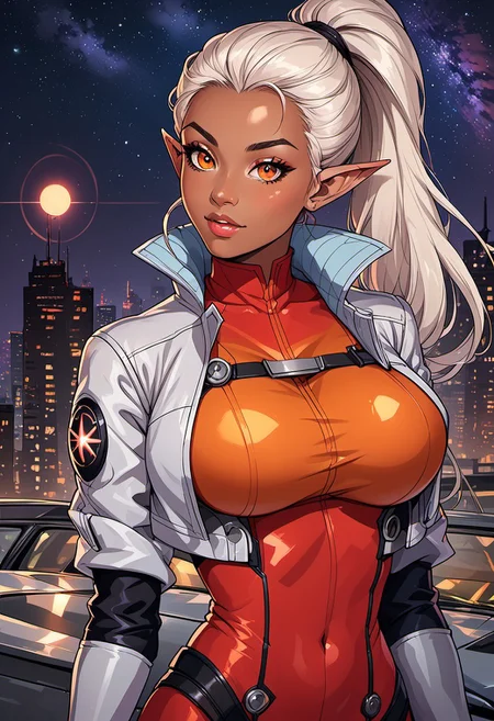 score_9, score_8_up, score_7_up, score_6_up, score_5_up, score_4_up, ANIMEShader, beautiful elven woman, (dark skin:1.3), long white hair in a ponytail, small cute button nose, soft round chin, detailed orange eyes, bright orange eyes, high definition eyes, detailed eyes, elf ears, huge breasts, red bodysuit, silver jacket, cropped jacket, pilot suit, night, city,