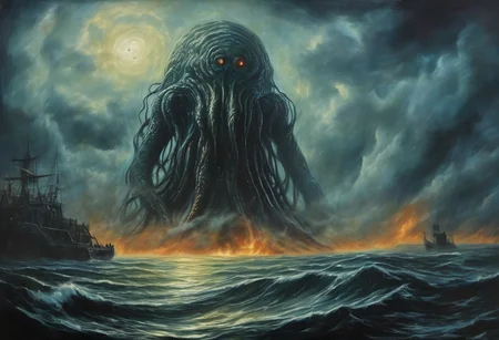 lovecraft, giant colossus in deep water, eerie, gloomy atmosphere, on a linen, oil on canvas, stunning visually, dark influence, premium effects. all colors,
Space horror in the sky, detail. 4к,