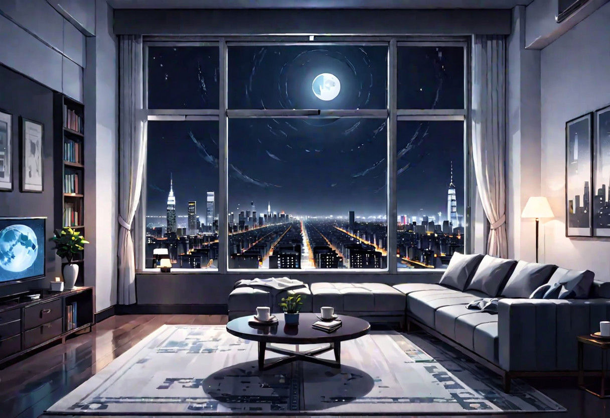((front view)), Shallow scene, (((animation style))), (night), modern-style interior, with white walls, (large windows), a  study, Sofa, coffee table, bookcase, single wall, ((dark room)), quiet and mysterious night sky, starry sky, moonlight, city night view, (City high-rise building scenery), (City scenery outside the window)