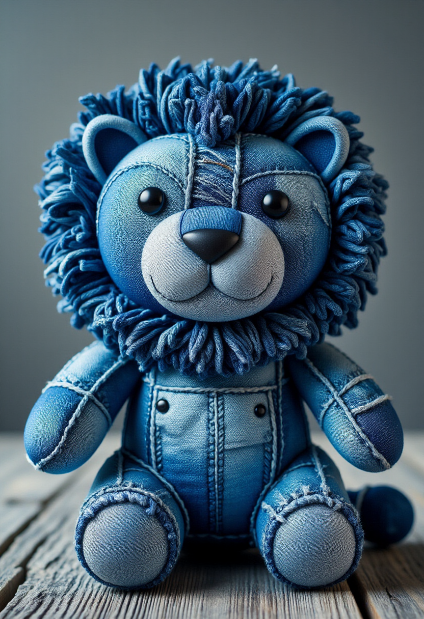 <lora:Denim_Dreamer_FLUX-000021:0.9>
The image is a photograph showcasing a plush toy lion designed to resemble a blue, denim-like fabric with a distressed, worn appearance.