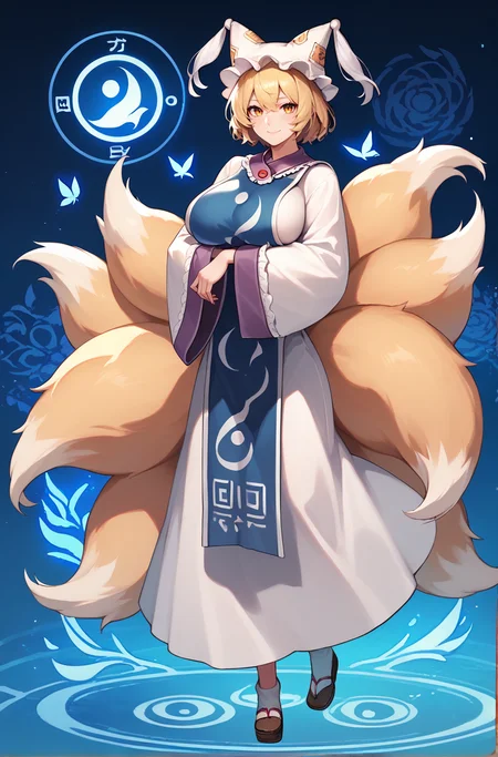 score_9, score_8_up, score_8, score_9, 1 girl, source_anime, <lora:yakumo_ran_pony-10:0.8> , yakumo ran, blonde hair, hat, tabard, white dress, fox tail, glowing, smile, full body, wide sleeves, long sleeves, detailed background, large breasts, <lora:Smooth Anime 2 Style SDXL_LoRA_Pony Diffusion V6 XL:0.8>, socks