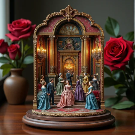 Miniature diorama of a masquerade ball next to a bouquet of roses, detailed digital illustration of a masquerade ball held in a palace, 19th century, colorful dresses, masks, well-dressed women, glamorous, lascivious and somewhat decadent atmosphere, <lora:Flux.1_Turbo_Detailer:0.7>, <lora:Diorama_Flux:0.8>