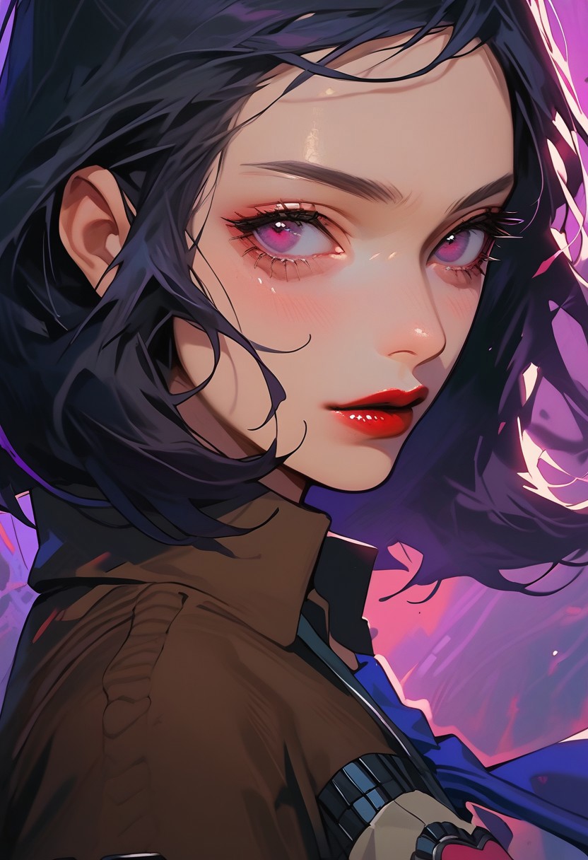 score_9, score_8_up, score_7_up, y0tt4, 1girl, solo,  
mayap2, medium hair, black hair, purple eyes, lipstick, jacket, hearts, blue necktie, skirt,