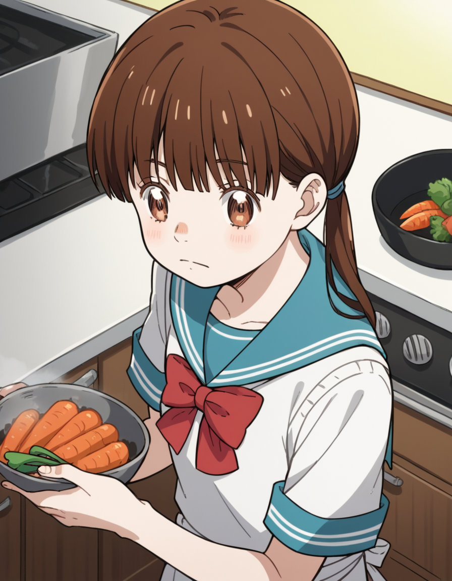 score_9, score_8_up, score_7_up, source_anime, <lora:hinata-kawamoto-s2-ponyxl-lora-nochekaiser:1>, hinata kawamoto, long hair, bangs, brown hair, twintails, brown eyes, low twintails,, shirt, bow, school uniform, white shirt, short sleeves, serafuku, bowtie, sailor collar, red bow, blue sailor collar, red bowtie,, kitchen, cooking, apron, cutting vegetables, home cooking, , looking at viewer, from above,, solo,, dutch angle,