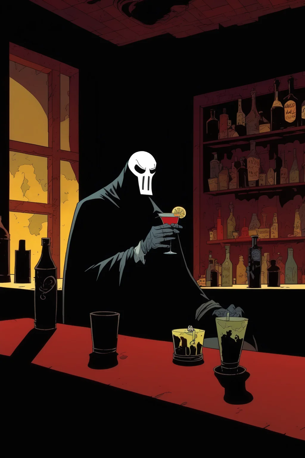 <lora:Mike Mignola Style:1>Mike Mignola Style - filme by mike mignola, cartoon showing a no face man drinking a cocktail at a shadow bar