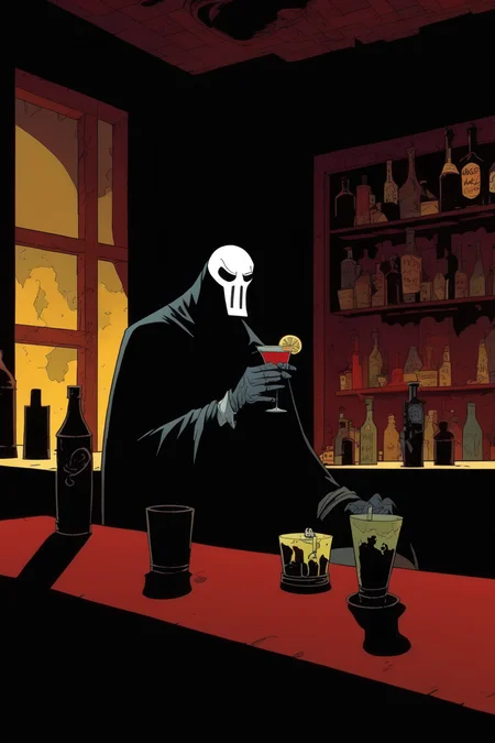 <lora:Mike Mignola Style:1>Mike Mignola Style - filme by mike mignola, cartoon showing a no face man drinking a cocktail at a shadow bar