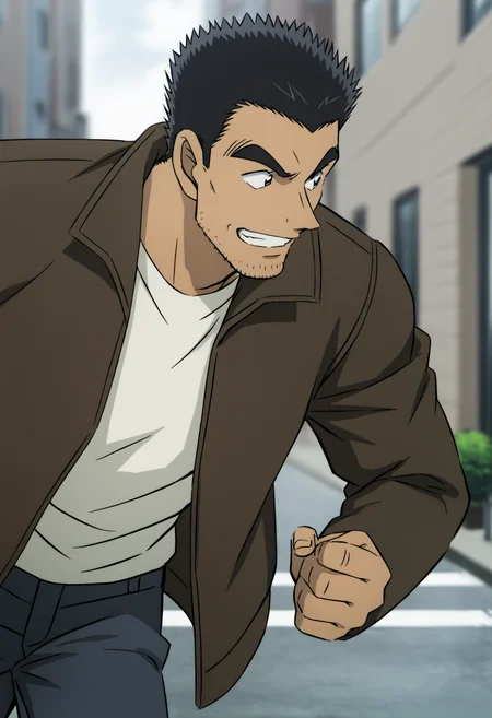 1boy, watarudate_conan, black eyes, black hair, spiked hair, brown jacket, ((open jacket)), white undershirt, stubble, score_8_up, score_7_up, score_6_up, score_9, manly, muscle, middle-aged man, roll up sleeves, 40 years old, a muscular man in a street, centered, looking away, face_focus, (detailed eyes), 8k uhd, high quality, anime color, cinematic angle, running on street
on side,grin