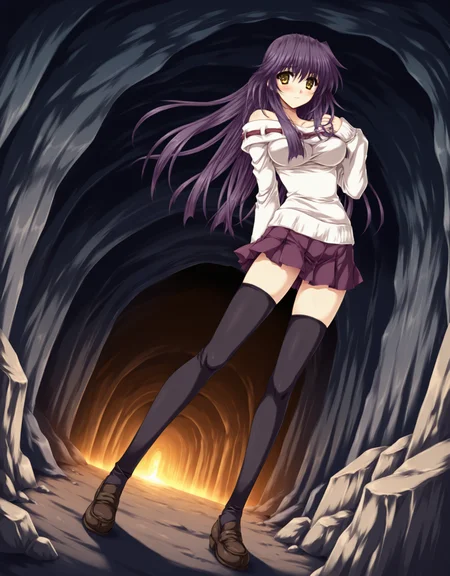 masterpiece,best quality,very aesthetic,zPDXL,
1girl,(skinny:1.1),cave,indoors,dynamic_angle,dynamic_pose,solo,purple hair,long hair,full body,yellow eyes,uncensored,<lora:yae_new-000029:0.8>,blush,standing,1girl,solo,thighhighs,long hair,skirt,purple hair,zettai ryouiki,sweater,breasts,blush,bare shoulders,black thighhighs,yae_d1,loafers,