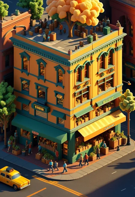 ispzxll, diorama, isometric, miniature, vintage busy street corner scene, golden hour, long shadows, volumetric lighting style, pedestrian crowds, electronics stores, parked cars, traffic light, storefronts, taxi cab, trash can, massive trees, epic architecture, intricate details, potted plants, ultra-detailed, 8k, fluffy clouds