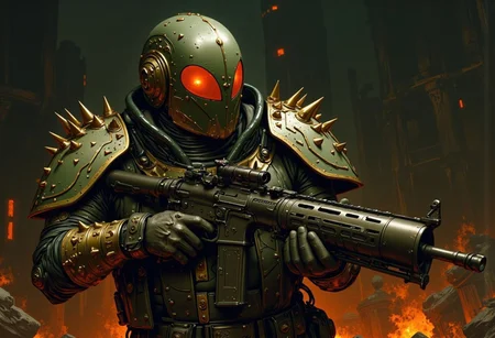 trashpunk, Photorealistic CGI, cyberpunk soldier, holding a futuristic assault rifle, glowing orange eyes, heavily armored, detailed metal plating with spikes, green and black color scheme, dark smoke and sparks in the background, intense, dramatic lighting, sci-fi, post-apocalyptic, dystopian, intense focus, dynamic pose, close-up, soldier's helmet, shoulder pads, and chest armor, brass details and accents, strong lighting with dark shadows, flames and sparks, dark and moody atmosphere, high contrast, metallic textures, detailed and intricate design, high-tech weaponry, action scene, heroic stance, rugged and battle-worn appearance, dramatic shadows, cinematic quality, detailed armor design, glowing elements, dark and gritty environment, futuristic soldier, advanced technology, dark and moody aesthetic, intense and powerful atmosphere, intense action, dark and gritty, cyberpunk soldier, detailed and realistic, high-tech soldier, dramatic lighting, sci-fi soldier, intense and powerful, detailed and intricate design, dark and moody atmosphere, high-tech weaponry, cinematic quality, dramatic shadows, glowing elements, dark and gritty environment, futuristic soldier, cybernetic enhancements, advanced technology, dark and gritty aesthetic, intense action, dark and moody, gritty