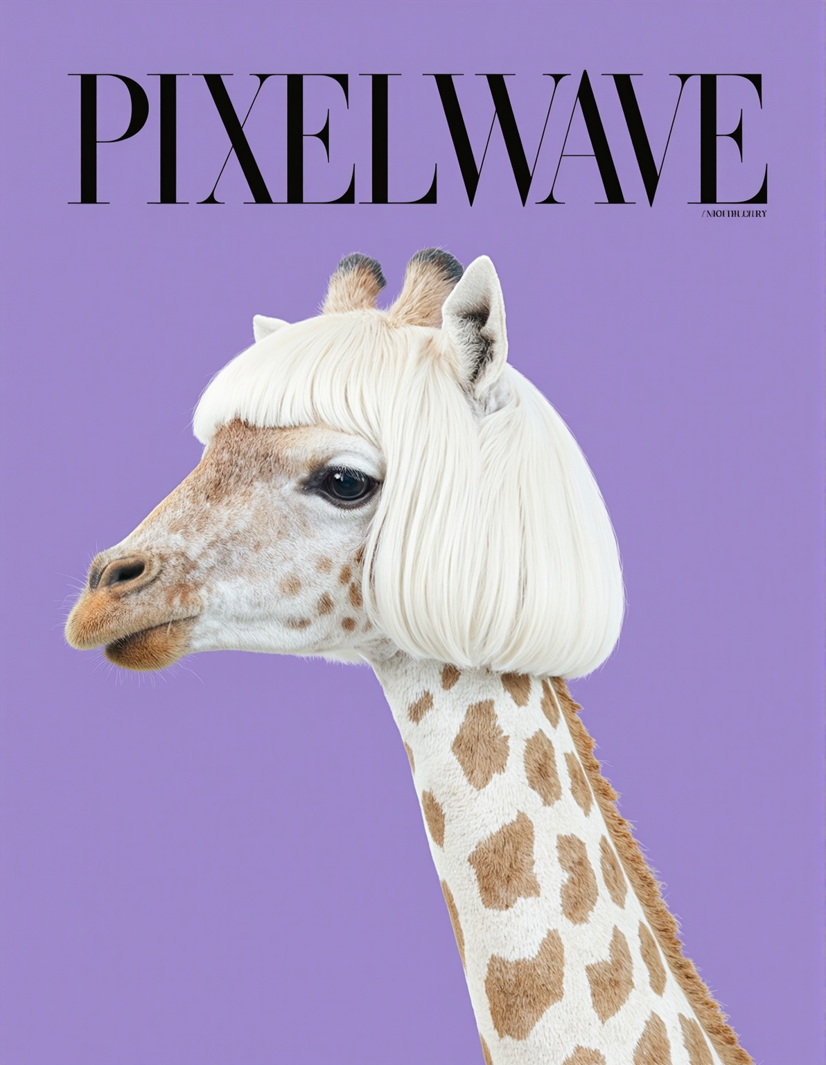 close up portrait of a giraffe wearing a white bob wig with blunt bangs, profile, purple background, large text "PIXELWAVE" across top of image in elegant font, fashion mag, luxury, fine art, photograph, high quality