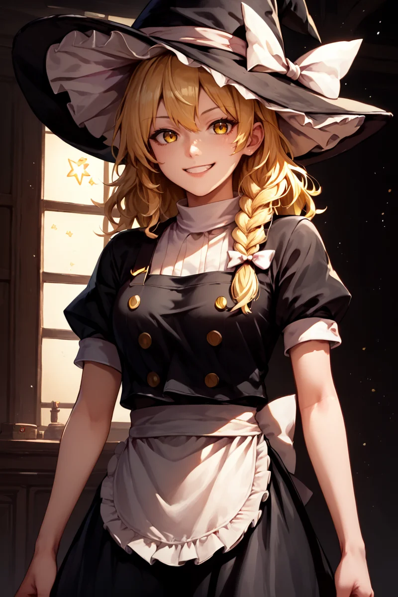 score_9, score_8_up, score_8, score_9, 1 girl,  source_anime, <lora:kirisame_marisa_pony-10:0.8> kirisame marisa,  blonde hair, yellow eyes, single braid, witch hat, white ribbon, black skirt, black shirt, short sleeves, waist apron, smile, [star \(symbol\)], cowboy shot,  <lora:2.5DRealisticV2:0.8>