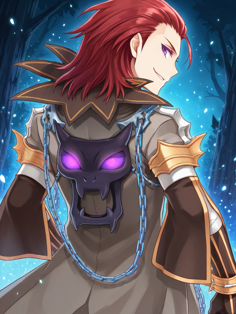 absurdres, highres, masterpiece, best quality, amazing quality, official anime artwork, screencap, anime screencap, 
ragnarok online, warlock \(ragnarok online\),
<lora:WARLOCK_RO:0.7> rwarlocko, coat, 1boy, male focus, solo, chain, bangs, gloves, grey coat,black gloves, upper body, 
 back, looking back, (demon face symbol,:1.2)
dutch angle,  (smirk,:1.2) 
(dark red hair,medium hair,:1.1) (hair slicked back,:1.2)
(dark purple eyes,:1.2)   <lora:eye_focus:0.65> eye_focus, eye focus, eyelashes, reflection, light particles, glowing,