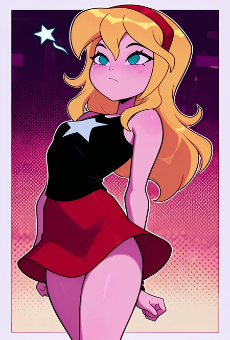<lora:lucysmall:1> lucysmall, solo, long hair, blonde hair, red hairband, black shirt, sleeveless, , star (symbol), red skirt, tank top, wristband, miniskirt, dynamic pose,, masterpiece, best quality, amazing quality, very aesthetic, absurdres, newest,, upper body, halftone effect, white borders, abstract background:1.2,