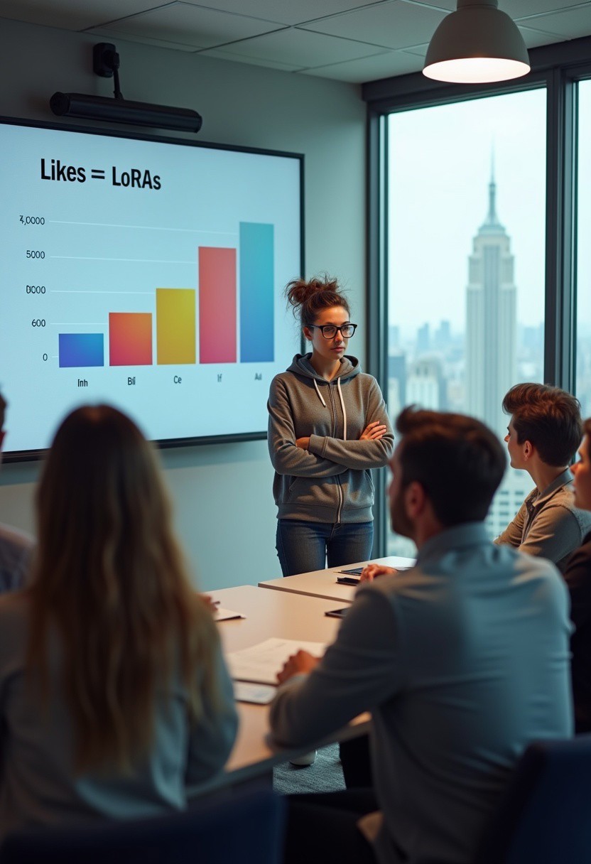 The scene is a realistic interior photo of a corporate conference room in a high-rise building, with a cityscape outside the window in the background on the right. The focus of the scene is a woman with a serious expression who is standing next to a large screen showing a colorful presentation, with the text “Likes = LoRAs” next to a graph. The woman is dressed casually in a hoodie, with messy hair and horn-rimmed glasses. A diverse group of people wearing business attire sit around the conference room table. The woman making the presentation is in focus, and the people in the foreground at the conference table are not in focus.
