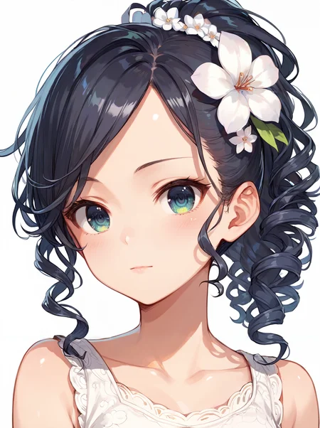 score_9, score_8_up, score_7_up,source_anime, high res image,masterpiece,best quality,girl,cute face,clear skin,shiny hair,ultra detailed eyes,simple background, <lora:morigami_pony_V1.0:1> morigami,hair flower,curly hair,ponytail