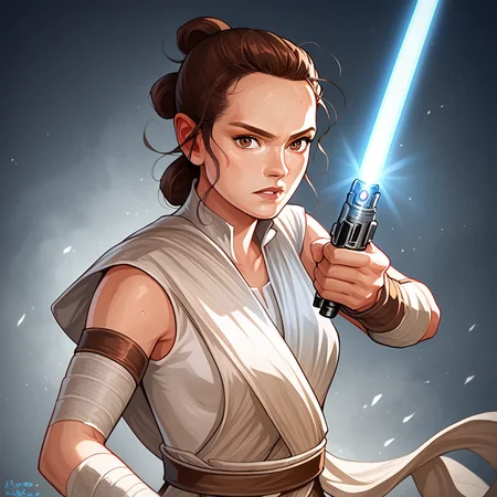 score_9_up, score_8_up, Rey, 1girl,  solo, brown hair, brown eyes, sleeveless, jedi, white cloth, white pants, white bandages,  <lora:ReySkywalker_PXL_Leaf1:1>,  looking at viewer,  upper body, lightsaber, blue lightsaber, pose, glowing,