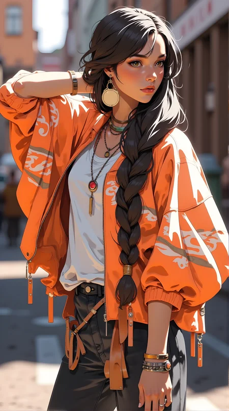 This image is a striking and detailed illustration of a person with long, dark hair styled in a braid. The individual has large, expressive eyes that stand out against the lighter tones of their skin. Their expression is serious and focused, with a slight hint of intensity or contemplation.
The person is wearing an orange jacket with intricate patterns and designs, which adds to the overall sense of style and personality. They are also accessorized with various necklaces and earrings, which complement their outfit and add a touch of detail.
The background features some blurred elements, suggesting an urban or street setting, but these details are not clearly defined due to the focus on the subject. The lighting in the image is soft and natural, highlighting the texture of the person's clothing and the details of their hair.
Overall, this illustration captures a moment of quiet beauty and intensity, with the combination of the person's attire, the soft lighting, and the thoughtful pose creating a visually engaging and emotionally resonant scene. The use of color and composition adds depth and character to the artwork, making it a powerful and evocative piece.
j_art, anime, anime art, <lora:FLUX\jul\J_Anime:1.0>, <lora:FLUX\Anime Art V3:0.1>, <lora:FLUX\RM_Artistify_v1.0M:0.1>, <lora:FLUX\RetroAnimeS1.1:0.1>