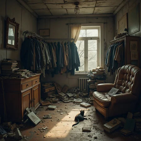 A room filled with junk. A pile of old jackets, shabby frames. A turn of the corner. A cat flies through the air. A feeling of madness.