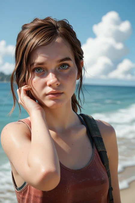 score_9, score_8_up, score_7_up, score_6_up
<lora:TLOUEllie:1.0>
TLOUEllie, 1girl, ponytail, brown hair, green eyes, looking at viewer, adjusting hair, upper body, sea, blue sky, white cloud, beach