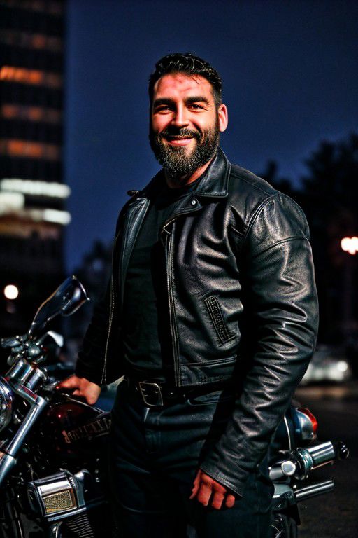 realistic photo of muscular bearded musclebearcoffee, wearing black leather jacket, hairy chest , tight leather pants, , intricate, (steel metal [rust]),  sharp focus, photo by greg rutkowski, soft lighting, vibrant colors, (masterpiece), ((night streets)), (detailed face), looking at viewer, light smile, night, posing with a big harleydavidson motorcycle, cinematic lighting, beautiful lighting, cinematic lighting, (hazy filter, film grain:1.2)
