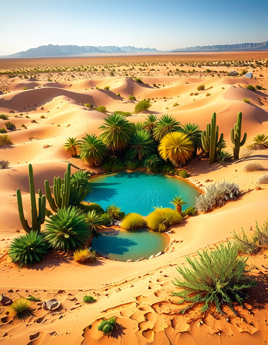 A serene oasis in the middle of an expansive golden desert, surrounded by rolling sand dunes under a vibrant blue sky. The oasis features a small, crystal-clear lagoon with calm, reflective water, bordered by lush green palm trees and colorful tropical plants. The scene is bathed in warm sunlight, with soft golden light illuminating the sand and creating subtle shadows among the dunes. In the background, faint silhouettes of distant mountains blend into the horizon. A few wisps of white clouds drift lazily in the sky, adding depth and texture to the composition. The overall atmosphere is peaceful and tranquil, evoking a sense of calm and wonder in the harsh desert landscape.<lora:SDXLFaeTastic2400:0.4> <lora:extremely_detailed:0.4> extremely detailed, <lora:O4s1s:1>,O4s1s, Masterpiece,best quality,hi res,8k,hi res,8k,award winning,(sharp focus, intricate, highly detailed),