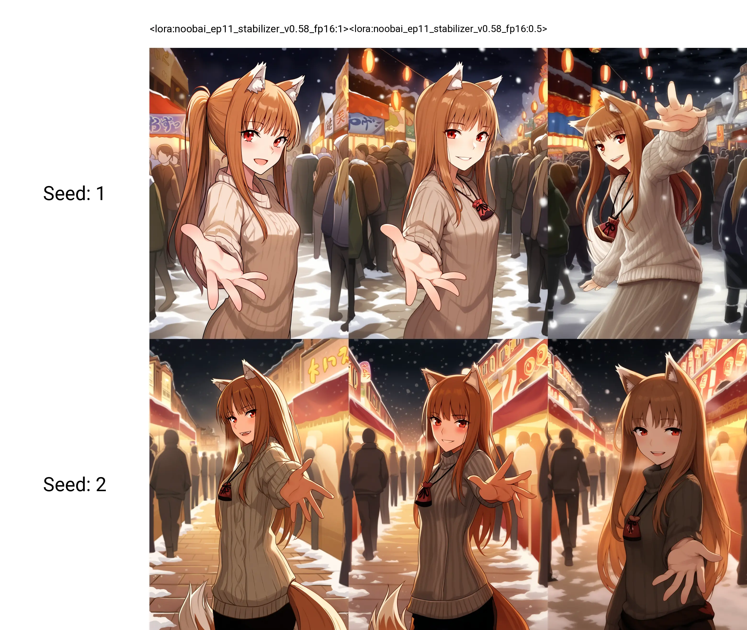 <lora:noobai_ep11_stabilizer_v0.58_fp16:1>1girl,holo,spice and wolf,wolf ears,red eyes,sweater,from side,reaching towards viewer,outstretched hand,festival,street,people in background,snow,night,masterpiece,