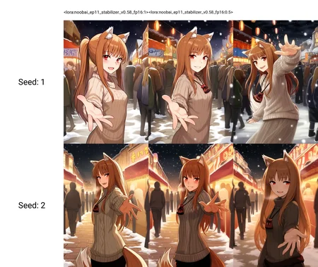 <lora:noobai_ep11_stabilizer_v0.58_fp16:1>1girl,holo,spice and wolf,wolf ears,red eyes,sweater,from side,reaching towards viewer,outstretched hand,festival,street,people in background,snow,night,masterpiece,