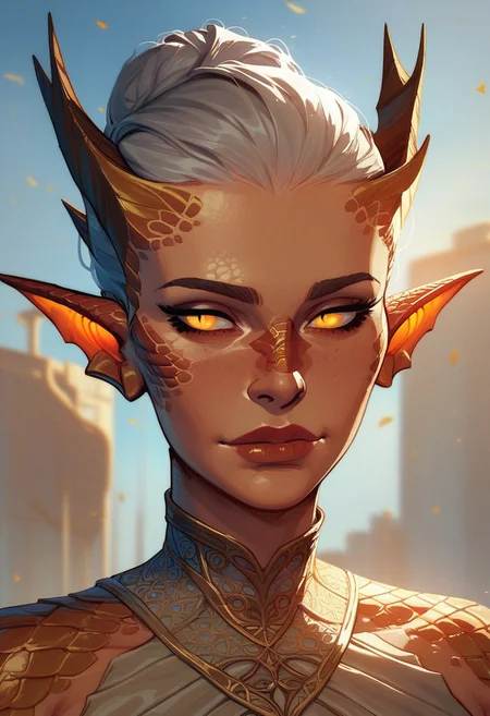 score_9, score_8_up, score_8, score_7_up, score_7, score_6_up, score_6, score_5_up, beautiful woman, light skin with a hint of red, glowing white eyes, silver hair, gold accessories, elegant dress, (dragon scales, dragon scales on face, gold scales:1.3), monster ears, jagged ears, emotionless expression, vox machine style, 1girl, female focus, solo, close up portrait , fantasy, sky background, (dynamic lighting:1.1)
((masterpiece))