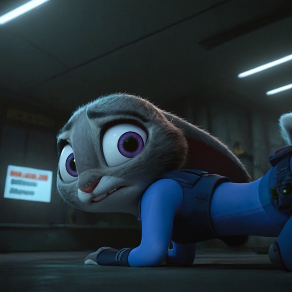 judyhopps, solo, nervous, ears back, interior, industrial hall, puddles, sneaking, dark, night, backlighting, all fours, purple eyes, looking back  <lora:judyhopps-v3-Yiffy:0.8>, BREAK best quality, high quality, masterpiece