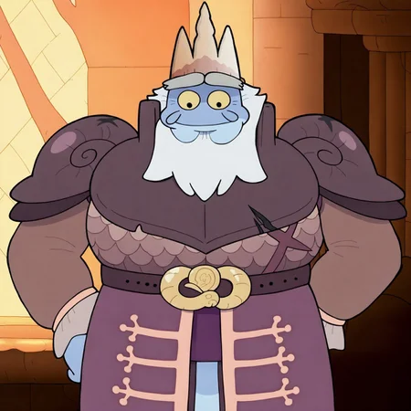 King Andrias, 1boy, solo, blue skin, yellow sclera, black eyes, crown, giant, very tall, stocky, muscular, crows feet, beard, white hair, dark purple armor that has an X shaped battle mark on the left abdomen, cuffs similar to a victorian aristocrat, pauldrons shaped like snail shells, gold snake belt, purple tunic, old man, tail, thick grey eyebrows, newt, metal boots, indoors, royal castle background, indoors, standing, (((beautiful, high quality))), score_9, score_8_up, score_7_up, score_9, score_8_up, score_8, 2d, absurd_res, hi_res,