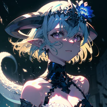 1girl, breasts,short dress, white dress, dress,boots,full body,ice, horns, dragon tail, tail, solo, medium breasts, dragon horns, pointy ears, dragon girl, weapon, flower, short hair, hair ornament, blue hair, hair flower, headpiece, purple eyes, cleavage, holding, bare shoulders, blue flower, covered navel, bangs, spear, hair between eyes, looking at viewer, detached sleeves, gloves, closed mouth, blush, curled horns, gauntlets, armor, tight (ultra-detailed, detailed clothing, intricate clothing, masterpiece, highres, absurdres, best quality, detailed face, nose, beautiful face, accurate face, realistic face, cute face, stylized, illustration, perfect face, cygames, realistic eyes, wide hips, , empty eyes, high quality, realistic, textured, ambient lighting, cinematic lighting:1.2) (detailed eyes, expressive eyes, detailed face, expressive face), nose, thigh gap, ((outdoors, sky in background)),
<lora:shadowverseGranblue_1:0.8> ,
<lora:beautifulDetailedEyes_v10:1>