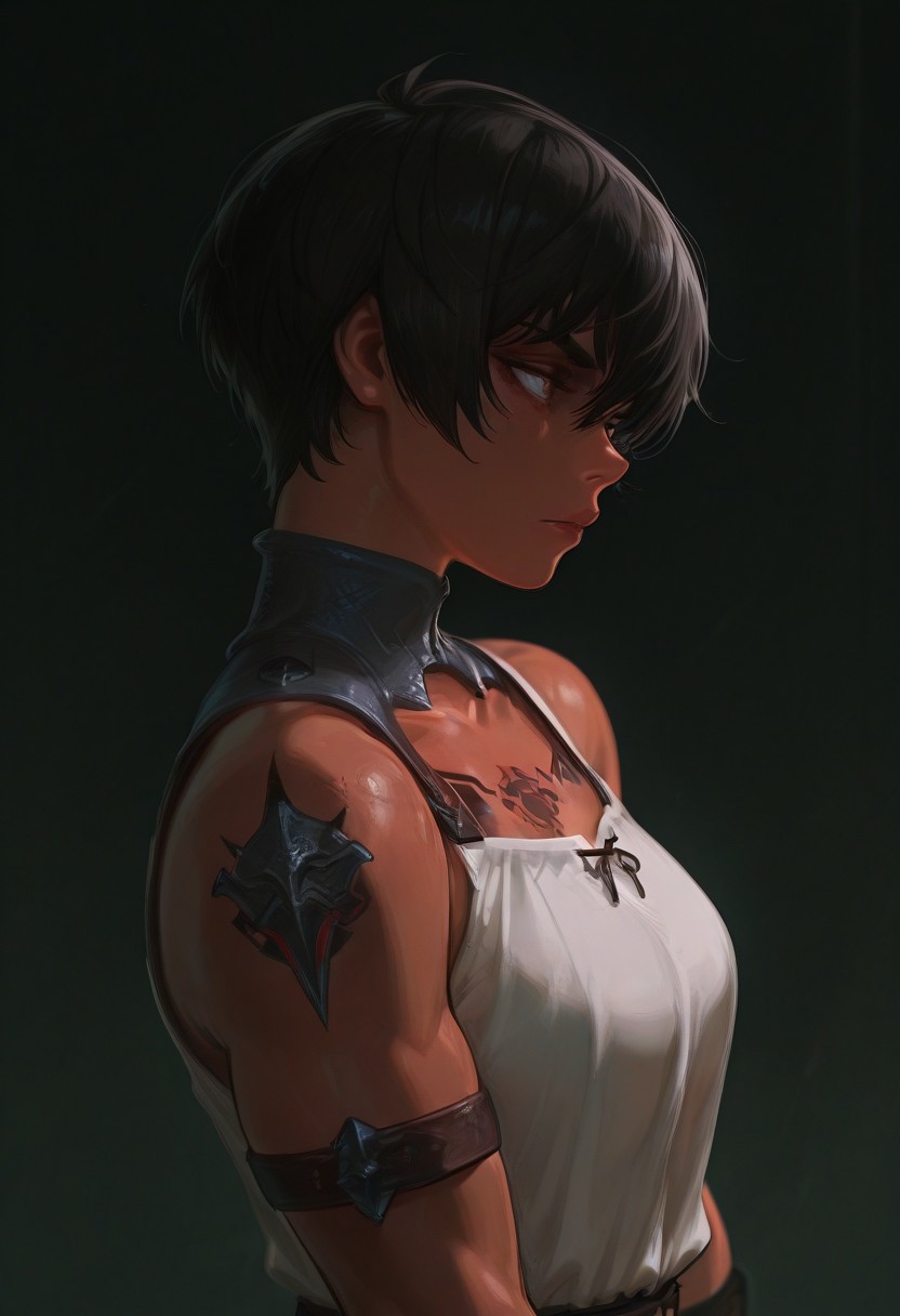 masterpiece, best quality, newest, absurdres, highres, anime, anime style, Brand-Of-Sacrifice-IL, 1girl, casca_(berserk), dark-skinned female, short hair, chest tattoo,