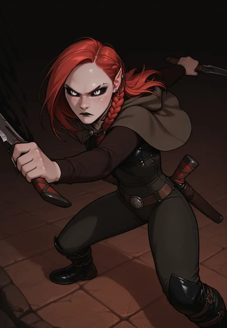 masterpiece,best quality,amazing quality,newest, absurdres, highres, detailed eyes, beautiful, perfect eyes, finely detailed face, very aesthetic, anime coloring, anime screencap, incoth, (incase:0.6),
1girl, solo
kayenn, red hair, long hair, side braid, white eyes, freckles, black lips, earrings, black nails, sharp fingernails, slim, cute face, small breasts, black sclera,
action stance, serious, dynamic pose,
capelet, boots, pants, belt, shirt, dual wielding, black aura, muscular,
burning inn,