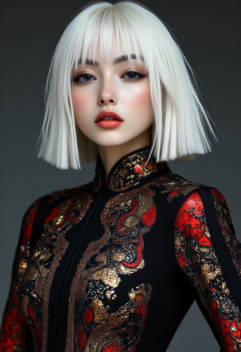 photorealistic image of a japanese supermodel, white hair, straight-cut bob, figure-hugging cheongsam, black, gold and red, cowboy shot, aidmaMJ6.1, midjourney_whisper_avant_couture