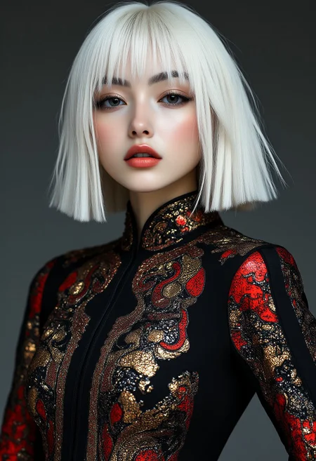 photorealistic image of a japanese supermodel, white hair, straight-cut bob, figure-hugging cheongsam, black, gold and red, cowboy shot, aidmaMJ6.1, midjourney_whisper_avant_couture
