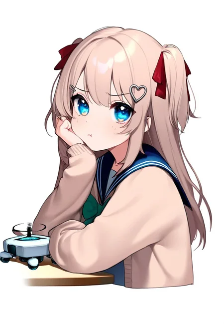 1girl, neuro-sama, indie virtual youtuber, green bowtie, blue eyes, blue sailor collar, cardigan, light brown hair, red ribbon, serafuku, silver hairclip, heart hair ornament, hair ornament, sidelocks, two side up, thin lips, pout, solo, looking at viewer, holding, holding drone, head rest, upper body, from side, cropped torso, table, masterpiece, best quality, very aesthetic