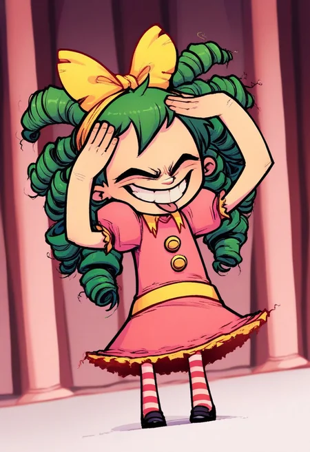 score_9, score_8_up, score_7_up, AhEtoBlehMeme, closed eyes, tongue out, :p, hands on own head, smile, <lora:AhEtoBlehMeme_pdxl_Incrs_v1:1> green hair, drill hair, yellow bow, hair bow, blue eyes, teeth, grin, dress, puffy sleeves, short sleeves, yellow belt, pantyhose, striped pantyhose, striped, shoes, black footwear,