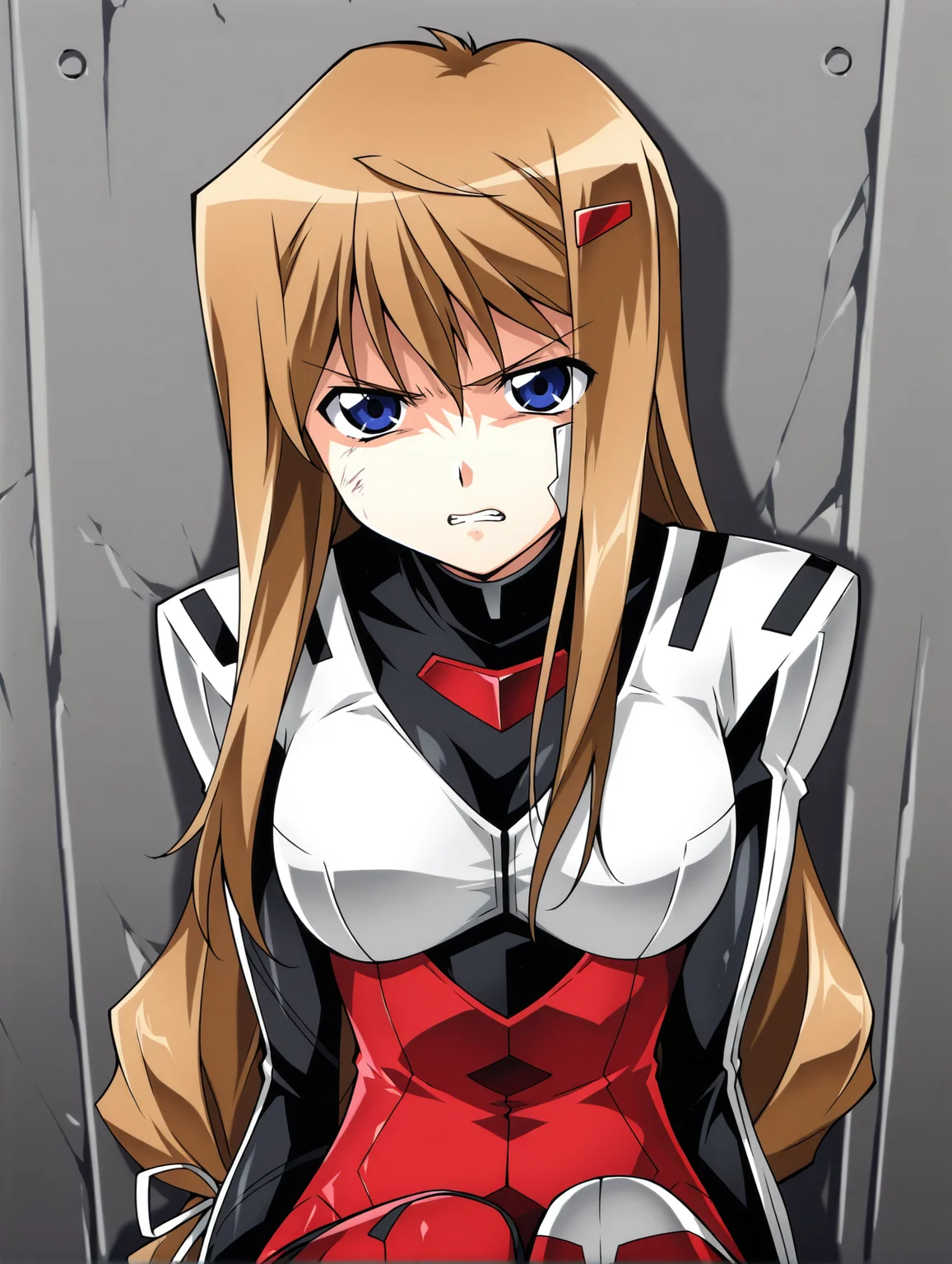 <lora:hiiragi-v2-illustrious-000050:1> akao, hairclip, pilot suit, sitting, solo, defeat, grimace, glaring, against wall, upper body