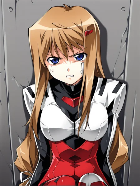 <lora:hiiragi-v2-illustrious-000050:1> akao, hairclip, pilot suit, sitting, solo, defeat, grimace, glaring, against wall, upper body