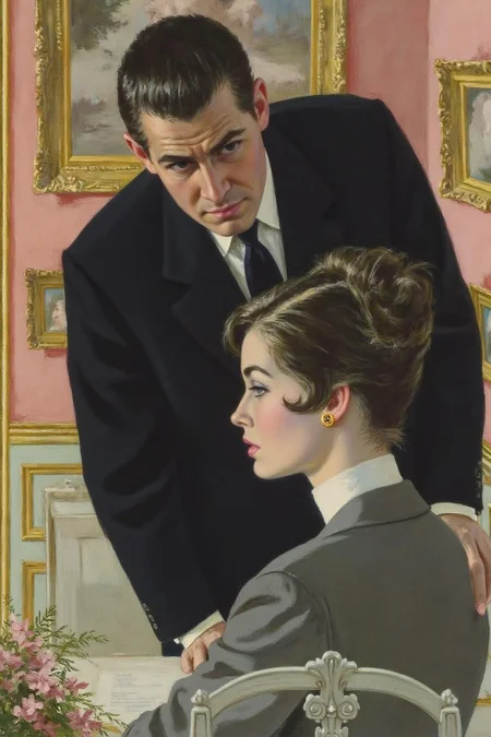 cobyw1 illustration
A man and a woman in an elegant, warmly lit room. The man, with a stern expression, has short dark hair and is dressed in a black suit, leaning over a woman seated at a desk. He has a serious, slightly disapproving look on his face. The woman is shown in profile, with her hair styled in a neat, high bun at the top of her head. <lora:cobyw1_cap_d6a3e12:1.0><lora:818768247487930084:0>
