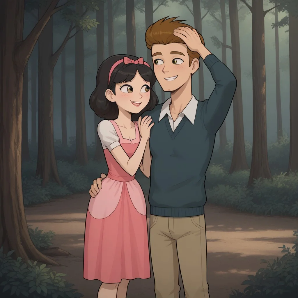 masterpiece, best quality, score_9, break. Ella_X_Topher, (1boy, Topher, Brown hair), break, (1girl, Ella, Black hair, hair bow), hug, forest, natural lighting