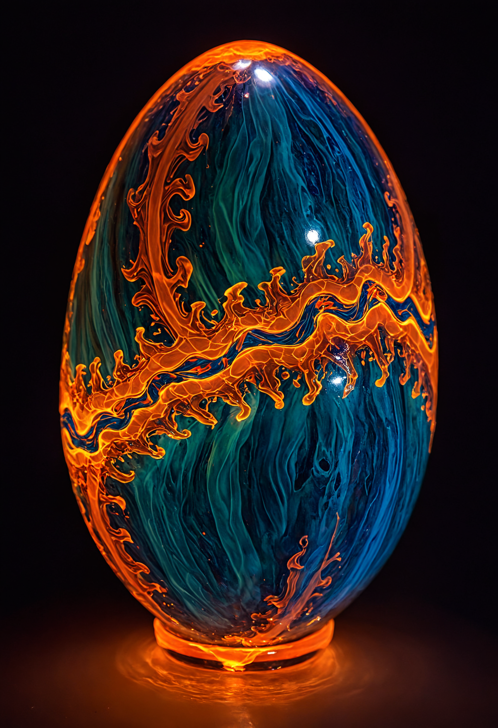 A vibrant, glowing egg with rippling, muscular veins, sculpted in iridescent glass, seems to pulsate with an otherworldly energy, as if infused with the essence of a mystical being. The egg's sleek, aerodynamic curves shimmer in hues of electric blue and turquoise, with hints of fiery orange and red, evoking a sense of power and vitality. Delicate, swirling patterns reminiscent of ancient mythological symbols dance across its surface, casting a mesmerizing glow in the surrounding environment, as if defying gravity and transcending the boundaries of reality, <lora:aidma-Image UpgraderXL-v0.1:1>, detailemaximizer, realistic, <lora:aidmaLightPainting-v0.1XL:1>, Light Painting,