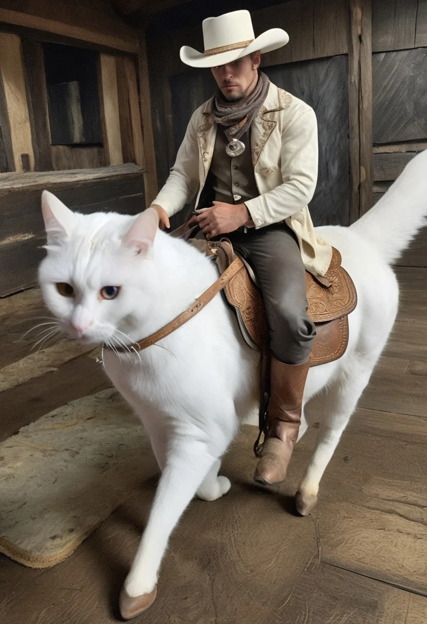 Set in a wild west world, a dashing cowboy GrubCat, heterochromia, cowboy hat, cowboy boots, holster with pistol, white cat riding a horse, enhanced textures, creative, beautiful, vibrant, masterpiece, 8k, Ultra HD, amazing details, amazing quality, amazing artist, sharp edges, detailed textures, full view, atmospheric lighting, amazing visuals