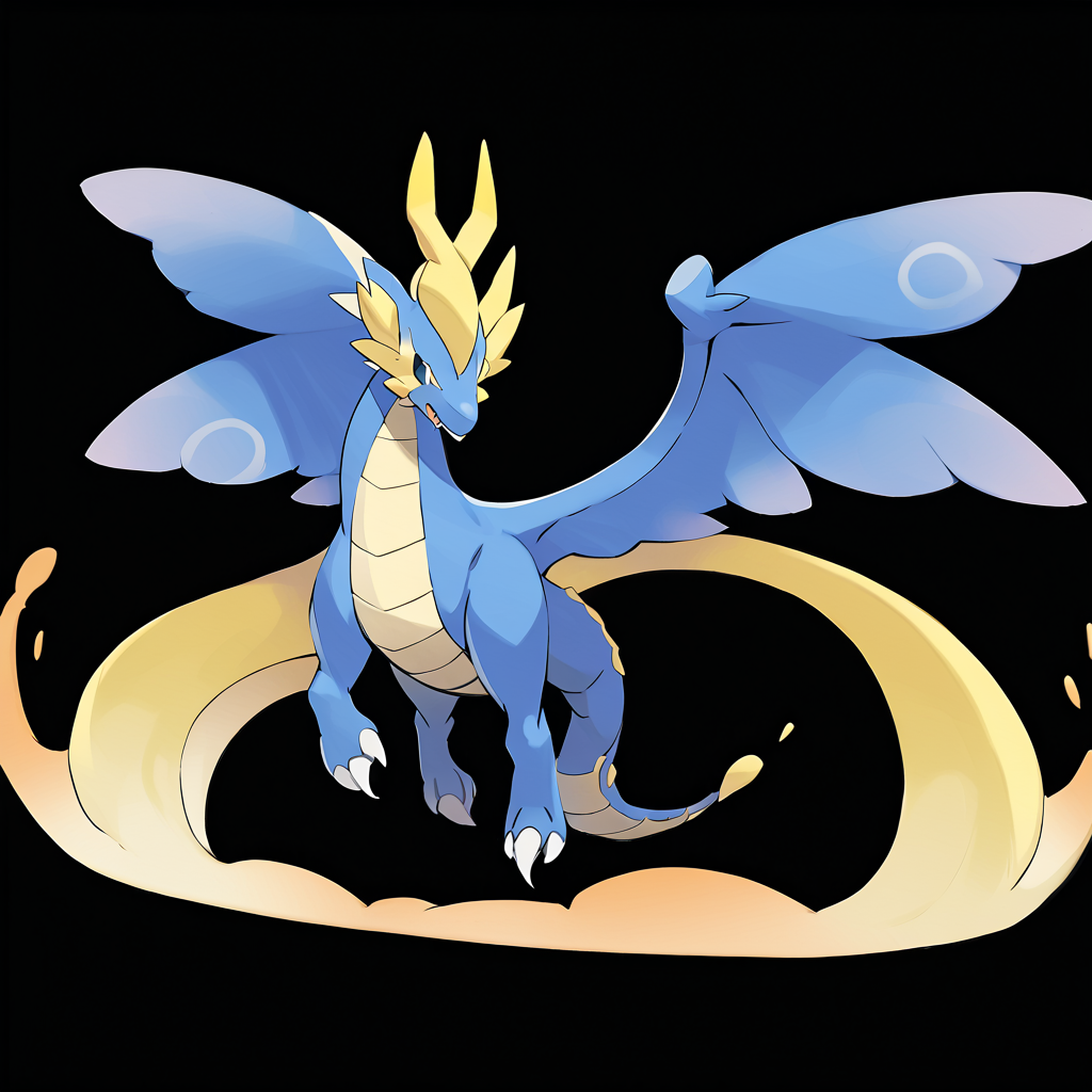 <lora:pokemon_pony_xl:1>, watercolor creature art like pokemon, Type: Dragon, Type: Flying, Egg Group: Dragon, is a pokemon creature that The monster's sneeze is a Blue explosion that disperses Electric particles into the air,Its tears turn into Cyan pearls upon touching the ground a rare and precious byproduct of its sorrow,The animal's nose is adorned with a Purple spiral pattern, enhancing its sense of smell and serving as a distinctive feature,The Pokémon's nostrils flare when it's angry, releasing plumes of Flying smoke,The tips of its wings are tipped with a Yellow hue, leaving streaks of light as it glides through the sky score_9, score_8_up, score_7_up, score_6_up, score_5_up, score_4_up.  Simple black background, (Masterpiece:1.3) (best quality:1.2) (high quality:1.1)