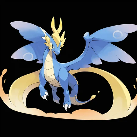 <lora:pokemon_pony_xl:1>, watercolor creature art like pokemon, Type: Dragon, Type: Flying, Egg Group: Dragon, is a pokemon creature that The monster's sneeze is a Blue explosion that disperses Electric particles into the air,Its tears turn into Cyan pearls upon touching the ground a rare and precious byproduct of its sorrow,The animal's nose is adorned with a Purple spiral pattern, enhancing its sense of smell and serving as a distinctive feature,The Pokémon's nostrils flare when it's angry, releasing plumes of Flying smoke,The tips of its wings are tipped with a Yellow hue, leaving streaks of light as it glides through the sky score_9, score_8_up, score_7_up, score_6_up, score_5_up, score_4_up. Simple black background, (Masterpiece:1.3) (best quality:1.2) (high quality:1.1)